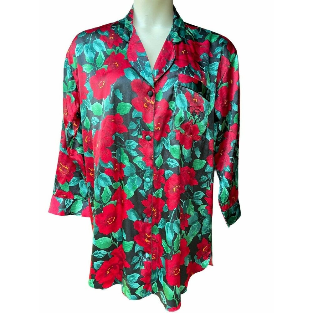 90's VTG Victorias Secret Gold Label Satin Sleep Night Shirt Robe Romantic Red M